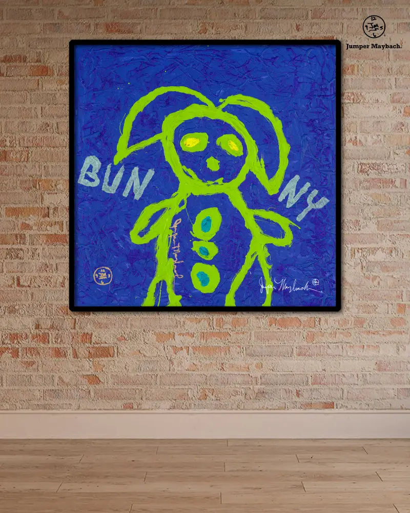 Blue Bunny print by Jumper Maybach on paper, featuring vibrant artwork of a blue bunny in a colorful, artistic style.
