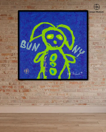 Blue Bunny print by Jumper Maybach on paper, featuring vibrant artwork of a blue bunny in a colorful, artistic style.