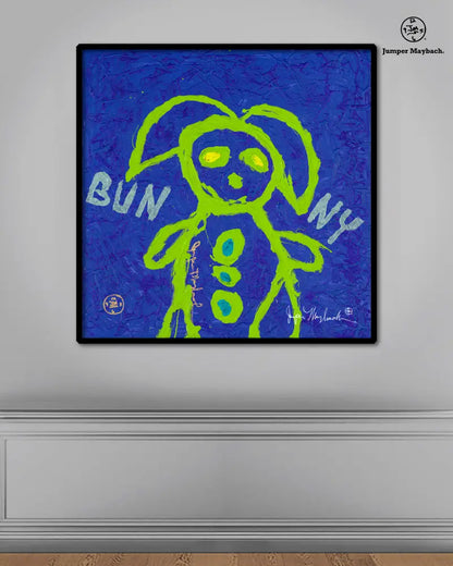 Blue Bunny print by Jumper Maybach on paper, featuring a detailed illustration of a blue bunny in a colorful, artistic style.