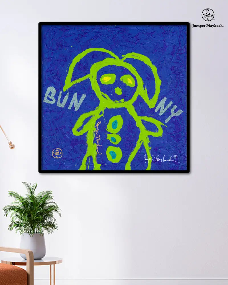 Blue Bunny print on paper by Jumper Maybach, featuring a colorful, artistic bunny illustration on a 20x20 inch print.