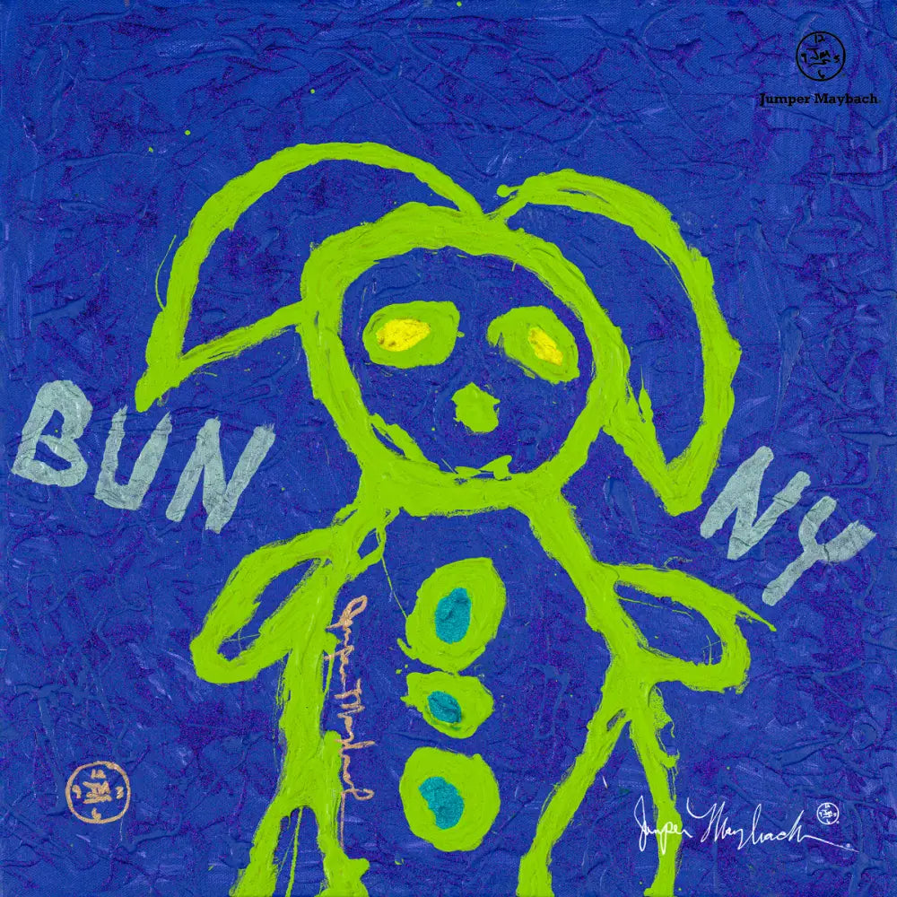 Blue Bunny print on paper by Jumper Maybach, featuring a colorful, artistic illustration of a bunny on a 20x20 inch print.