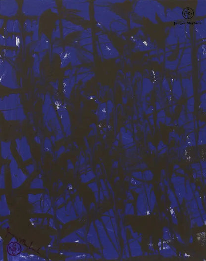 Blue Nights original artwork by Jumper Maybach featuring an acrylic painting of a serene night scene in shades of blue.