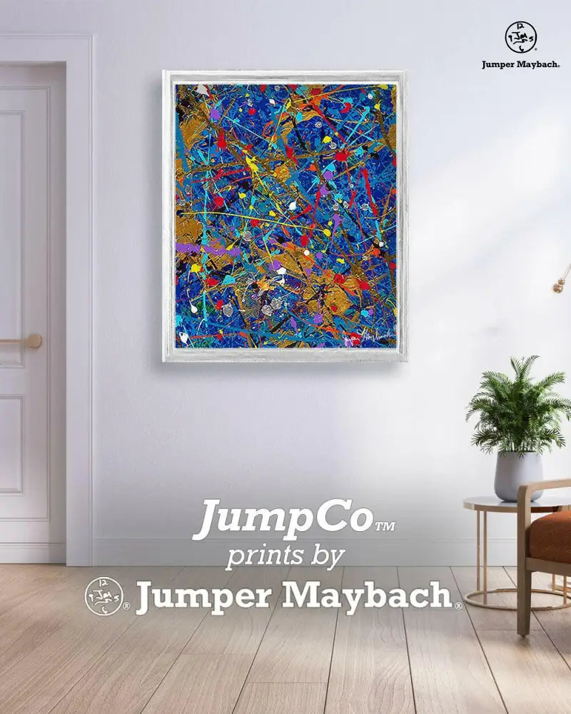 Blue space print on paper by Jumper Maybach featuring a cosmic scene in a white room setting.