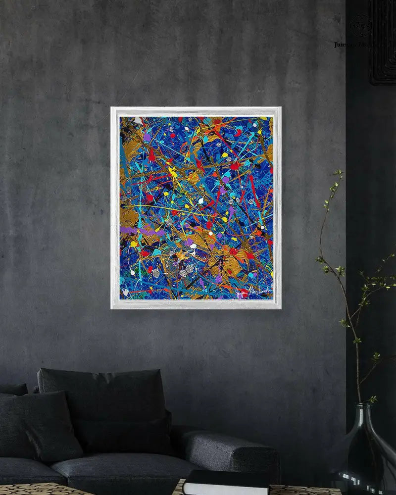 Blue Space print on paper by Jumper Maybach, featuring a vibrant abstract design with shades of blue and celestial-inspired elements.