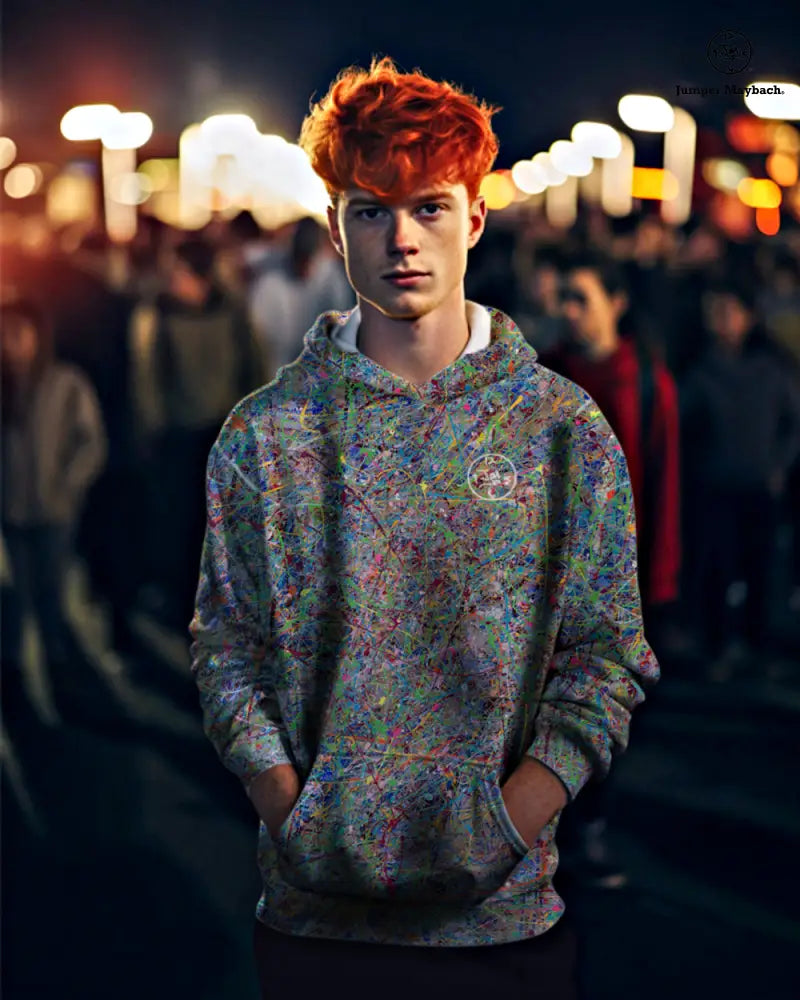 All-over print unisex pullover hoodie featuring the "Boundless Beginning" design by Jumper Maybach, with vibrant artistic details.