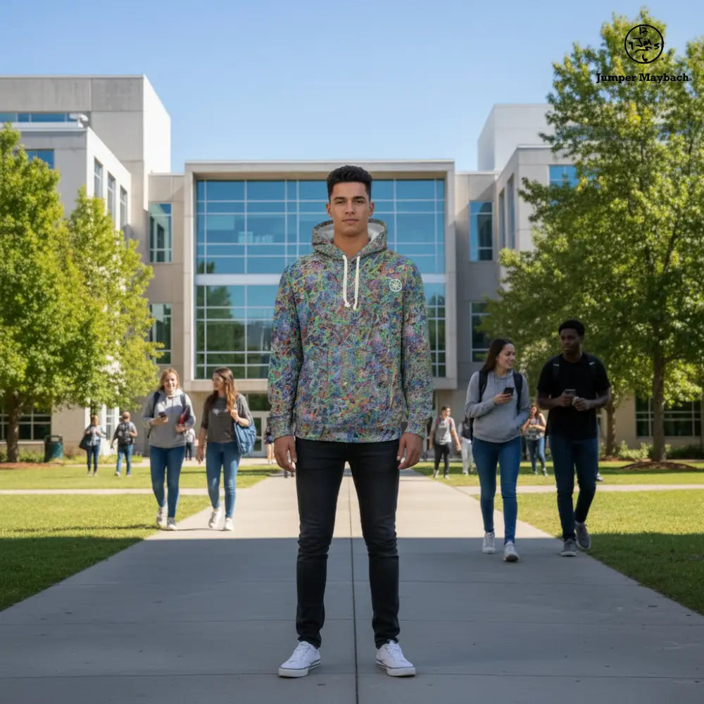 Unisex Boundless Beginning hoodie by Jumper Maybach featuring vibrant all-over print, made by Printify with bold, colorful design.