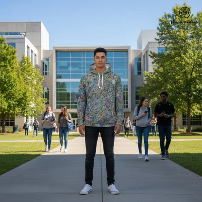 Unisex Boundless Beginning hoodie by Jumper Maybach featuring vibrant all-over print, made by Printify with bold, colorful design.