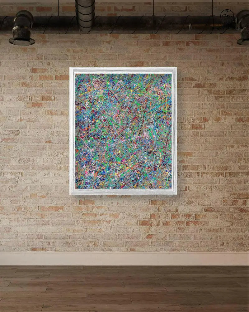 Boundless Beginnings print on paper by Jumper Maybach featuring abstract, colorful artwork displayed on a gallery wall.