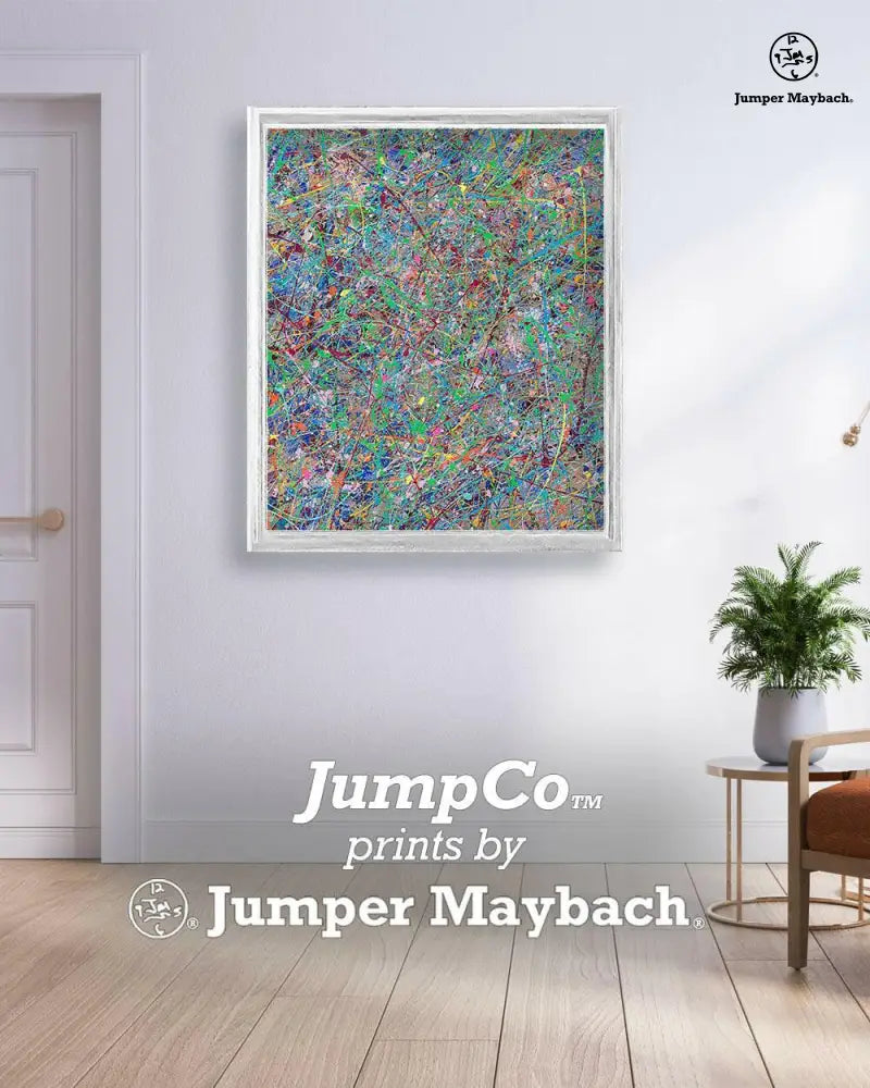 Boundless Beginnings print on paper by Jumper Maybach featuring abstract art in a white room setting.