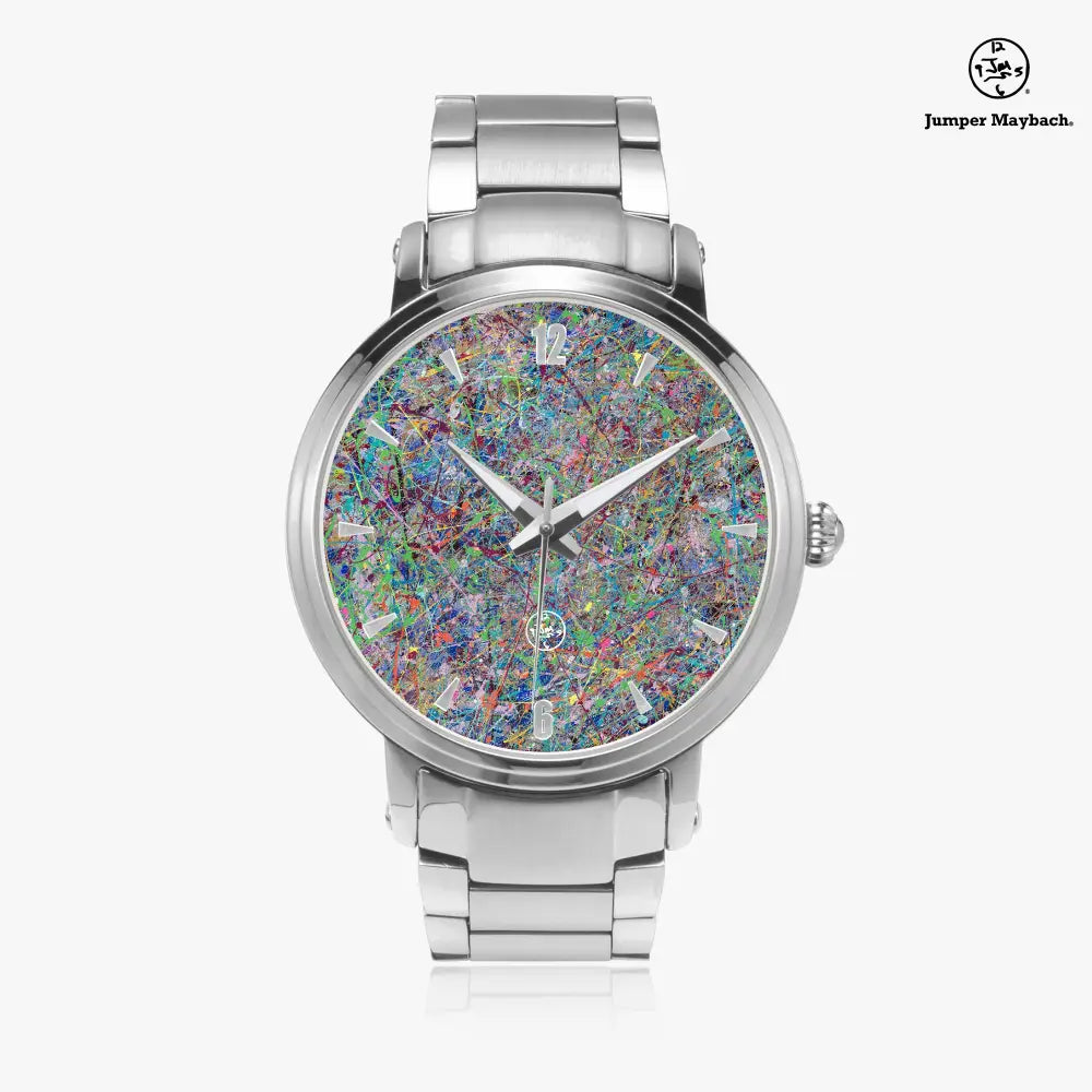 JetPrint Fulfillment steel strap watch with automatic movement and indicator display, featuring the Boundless Beginnings design by Jumper Maybach®.