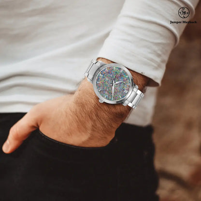 JetPrint Fulfillment steel strap watch with automatic movement and indicator, featuring the Boundless Beginnings design by Jumper Maybach®