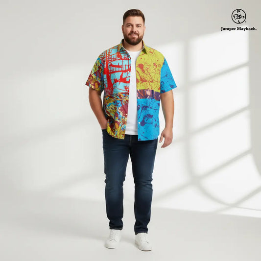 Plus size unisex resort shirt by Jumper Maybach, featuring bold print and relaxed fit, ideal for men's summer or vacation wear.