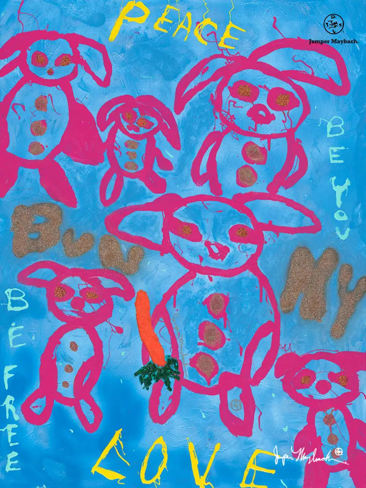 Print of Bunny Love by Jumper Maybach on paper, featuring a whimsical bunny illustration in a 16x20 inch size.