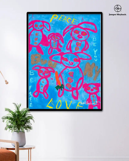 Print on paper of Bunny Love by Jumper Maybach, featuring colorful bunny illustrations in a 16x20 size.