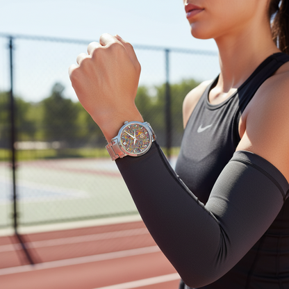 Person wearing a silver watch on a sports field