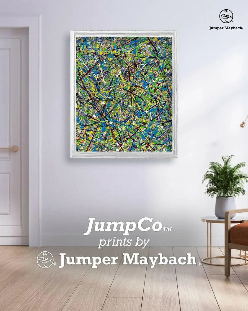 Cosmic Glee print on paper by Jumper Maybach featuring vibrant cosmic artwork in a white room setting.