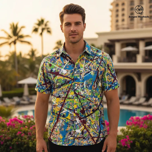 Cosmic Glee Resort unisex shirt by Jumper Maybach, featuring vibrant cosmic and floral print, men's casual fashion shirt.