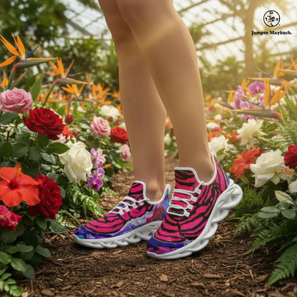Cotton Candy Rose Flex Sneakers by Jumper Maybach in a golden-hour rose garden scene, showcasing stylish sneaker design for men and women.
