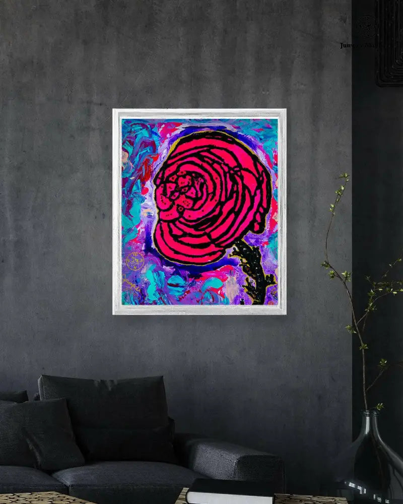 Cotton Candy Rose print by Jumper Maybach featuring a vibrant pink rose on textured paper background.