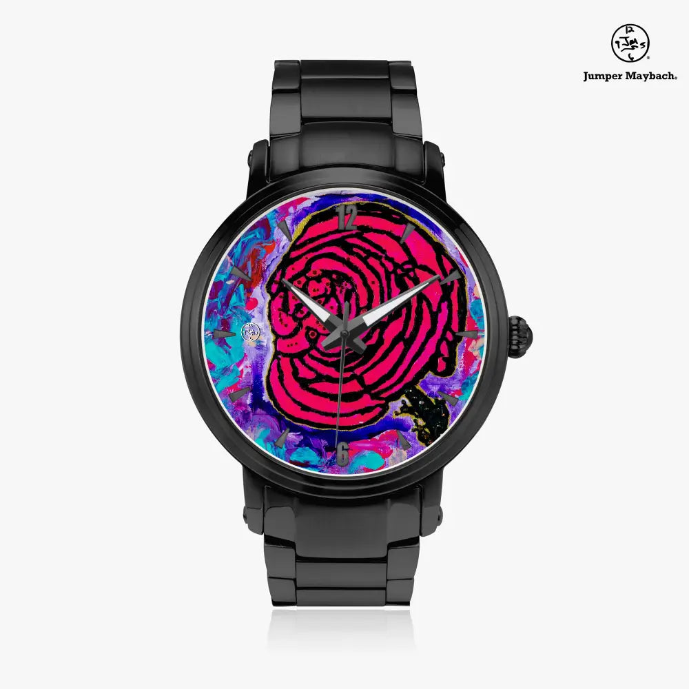 Steel strap watch with cotton candy rose dial and automatic movement by Jumper Maybach®, featuring indicators and a sleek design.