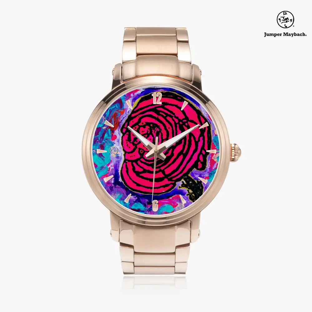 Steel strap watch by Jumper Maybach with cotton candy rose dial, automatic movement, and indicator markers.