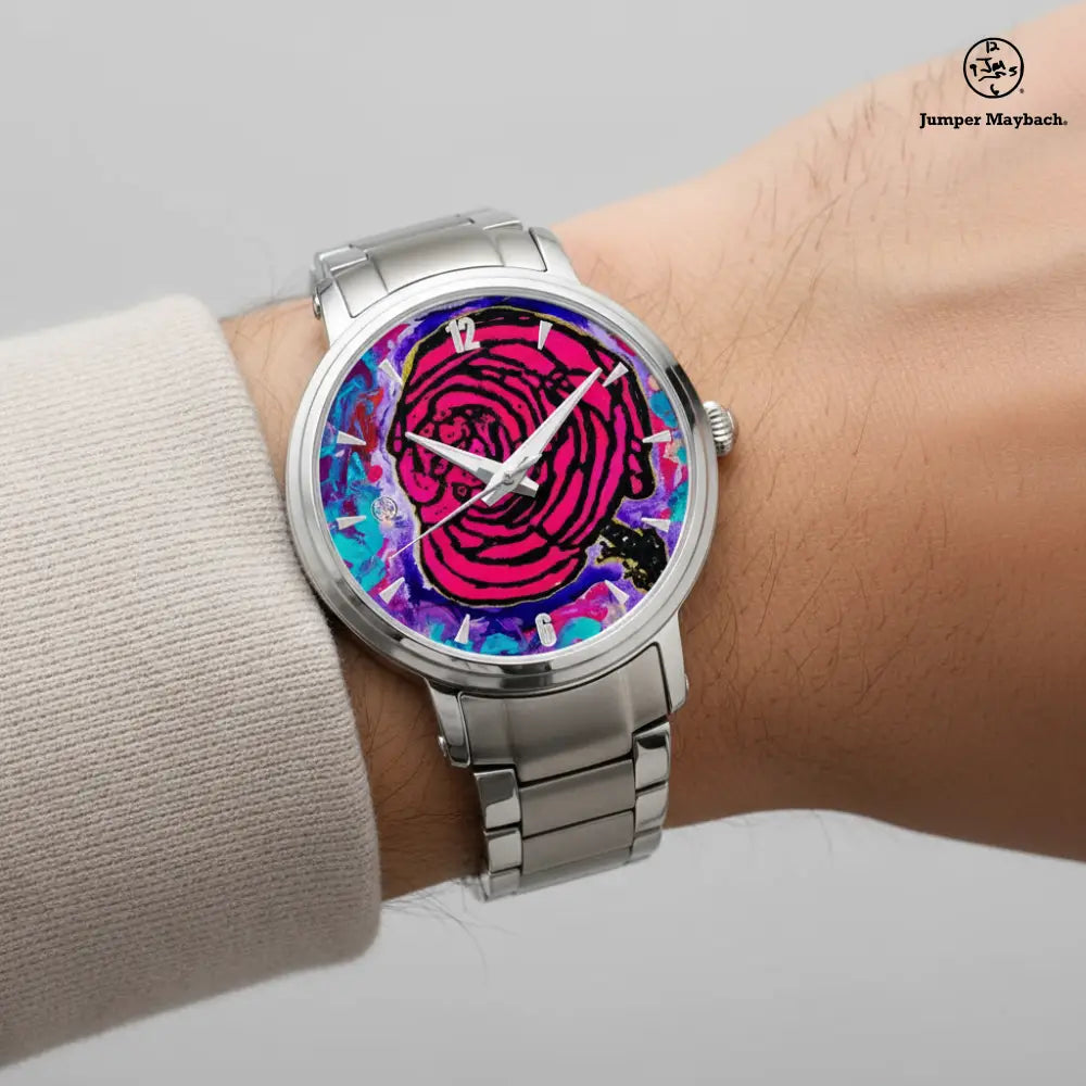 Close-up of Cotton Candy Rose Steel Strap Automatic Watch by Jumper Maybach® on a wrist, showing the watch face with indicators.