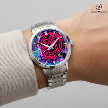 Close-up of Cotton Candy Rose Steel Strap Automatic Watch by Jumper Maybach® on a wrist, showing the watch face with indicators.
