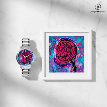 Cotton Candy Rose steel strap automatic watch by Jumper Maybach® with indicators, flat lay view showing elegant design and rose color.