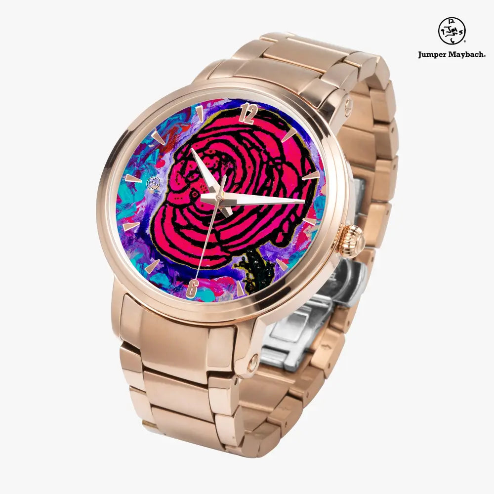 Steel strap watch by Jumper Maybach with cotton candy rose dial and automatic movement, featuring time indicators.