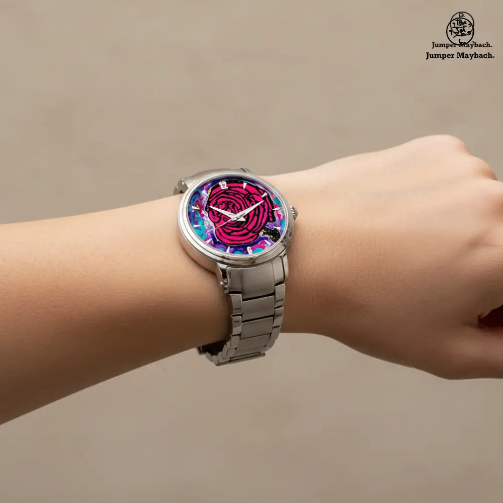 Side profile of the Cotton Candy Rose Steel Strap Automatic Watch by Jumper Maybach® with clear indicators on the dial.