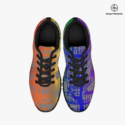 Rainbow Matrix athletic sneakers by Jumper Maybach for men and women, featuring colorful, modern sneaker design with vibrant patterns.