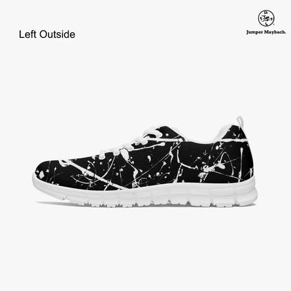 Aliens on the Moon athletic sneakers by Jumper Maybach® featuring space-themed design, in men's and women's sizes.