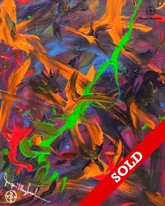 Original painting of a dancing bird by Jumper Maybach, featuring vibrant colors and dynamic brushstrokes, artwork for sale.