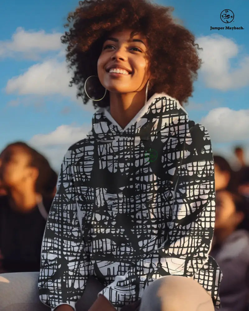 Unisex Dark Matrix hoodie by Jumper Maybach with all-over print in black and gray, featuring intricate matrix-inspired design.