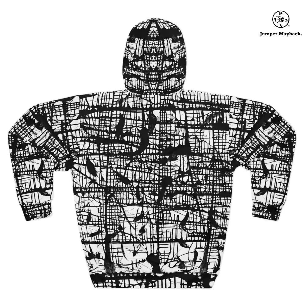 Unisex Dark Matrix hoodie by Jumper Maybach featuring all-over black and gray abstract print on a cozy pullover.