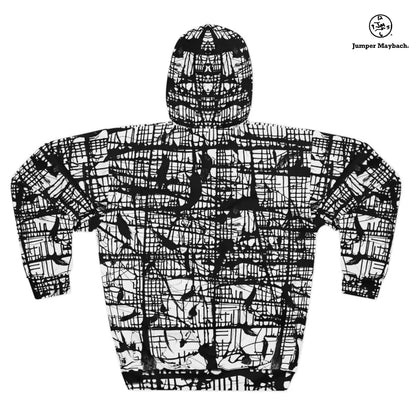 Unisex Dark Matrix hoodie by Jumper Maybach featuring all-over black and gray abstract print on a cozy pullover.