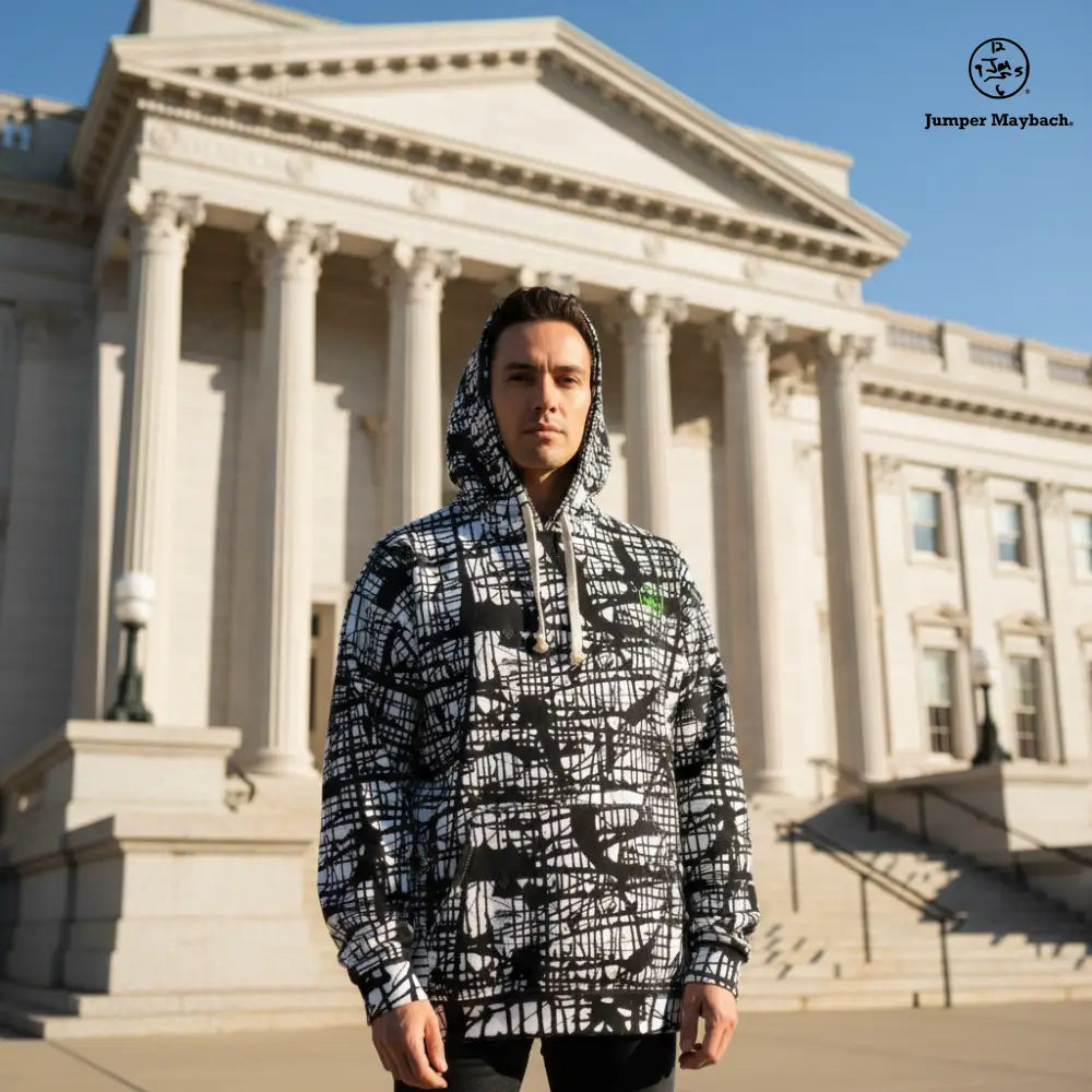 Unisex Dark Matrix pullover hoodie by Jumper Maybach with all-over print design, displayed on a plain background.