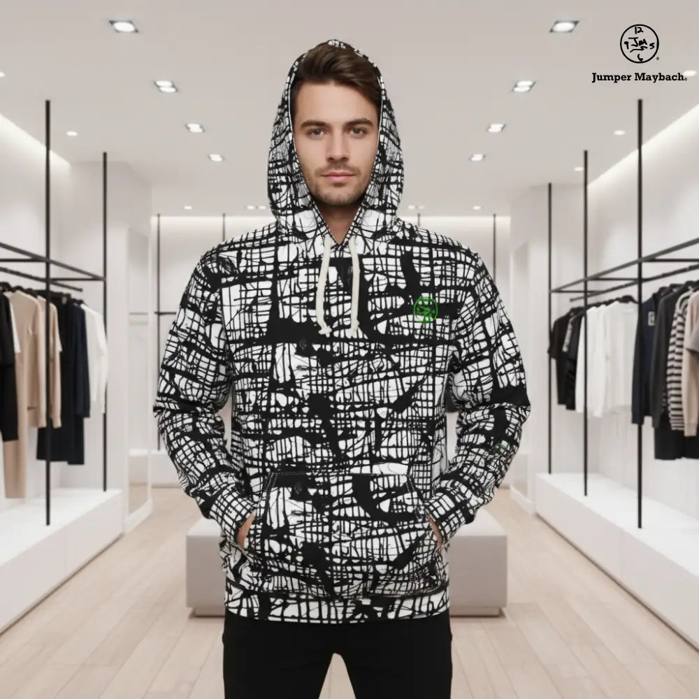 Unisex Dark Matrix hoodie by Jumper Maybach® with all-over print design, featuring dark and abstract graphic artwork.