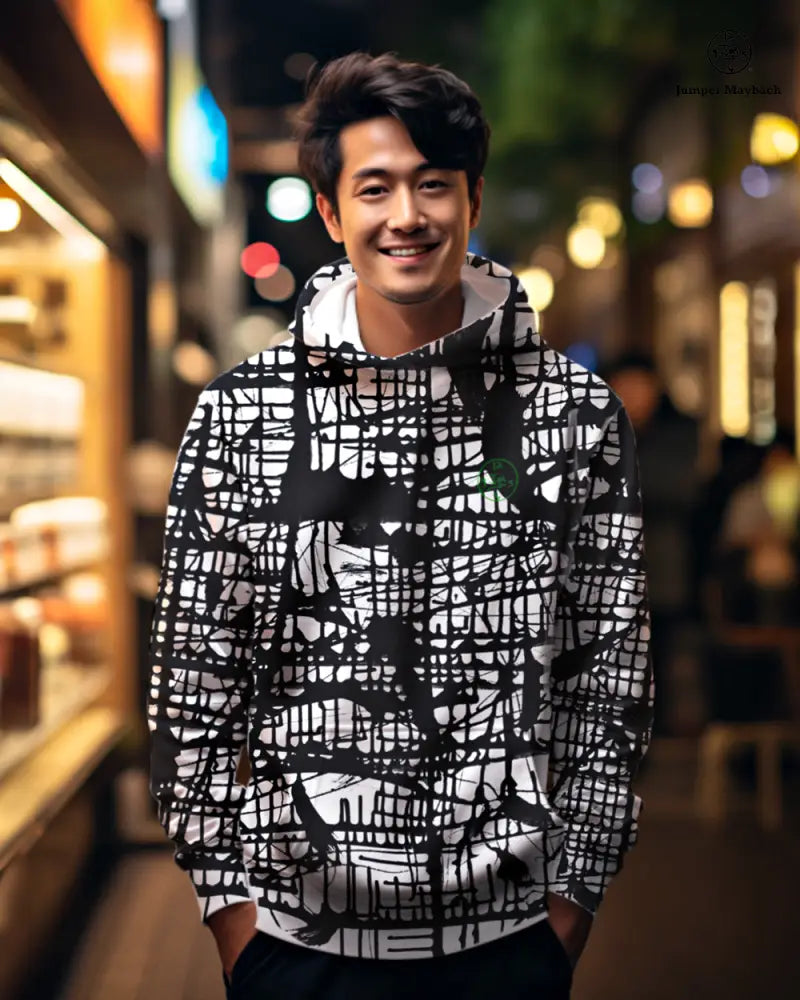 Unisex dark matrix hoodie by Jumper Maybach with all-over print design, featuring a bold, geometric black and gray pattern.