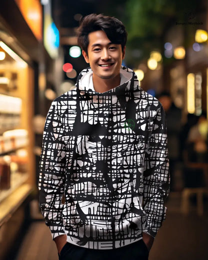Unisex dark matrix hoodie by Jumper Maybach with all-over print design, featuring a bold, geometric black and gray pattern.