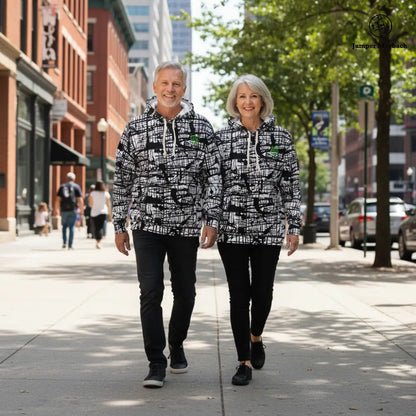 Unisex Dark Matrix hoodie by Jumper Maybach® with all-over print, featuring a dark, intricate abstract design on the front.