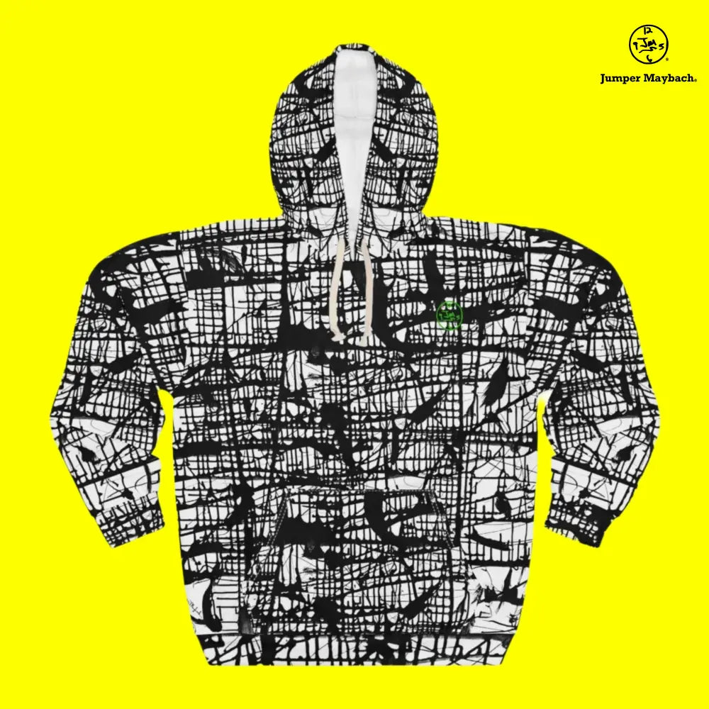 Unisex dark hoodie featuring all-over Matrix-inspired print by Jumper Maybach® on a Printify product.