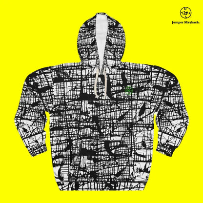 Unisex dark hoodie featuring all-over Matrix-inspired print by Jumper Maybach® on a Printify product.