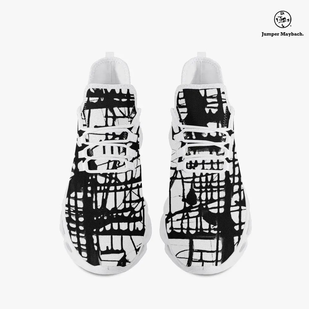 Dark Matrix Flex sneakers by Jumper Maybach for men and women, stylish black sneakers with a modern design, branded by JetPrint Fulfillment.