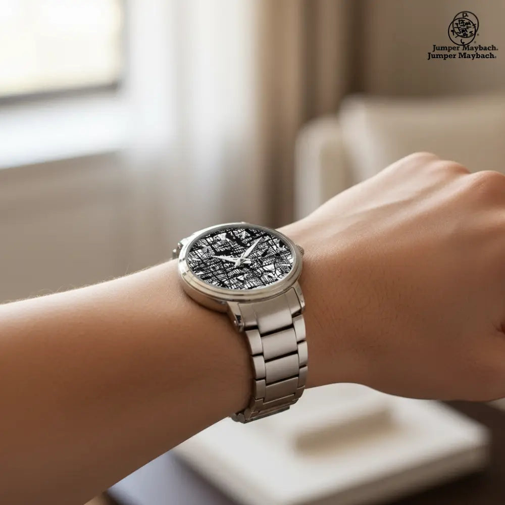 Side profile of the Dark Matrix Steel Strap Automatic Watch by Jumper Maybach®, featuring indicators and a sleek steel strap.