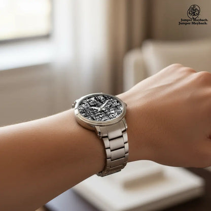 Side profile of the Dark Matrix Steel Strap Automatic Watch by Jumper Maybach®, featuring indicators and a sleek steel strap.