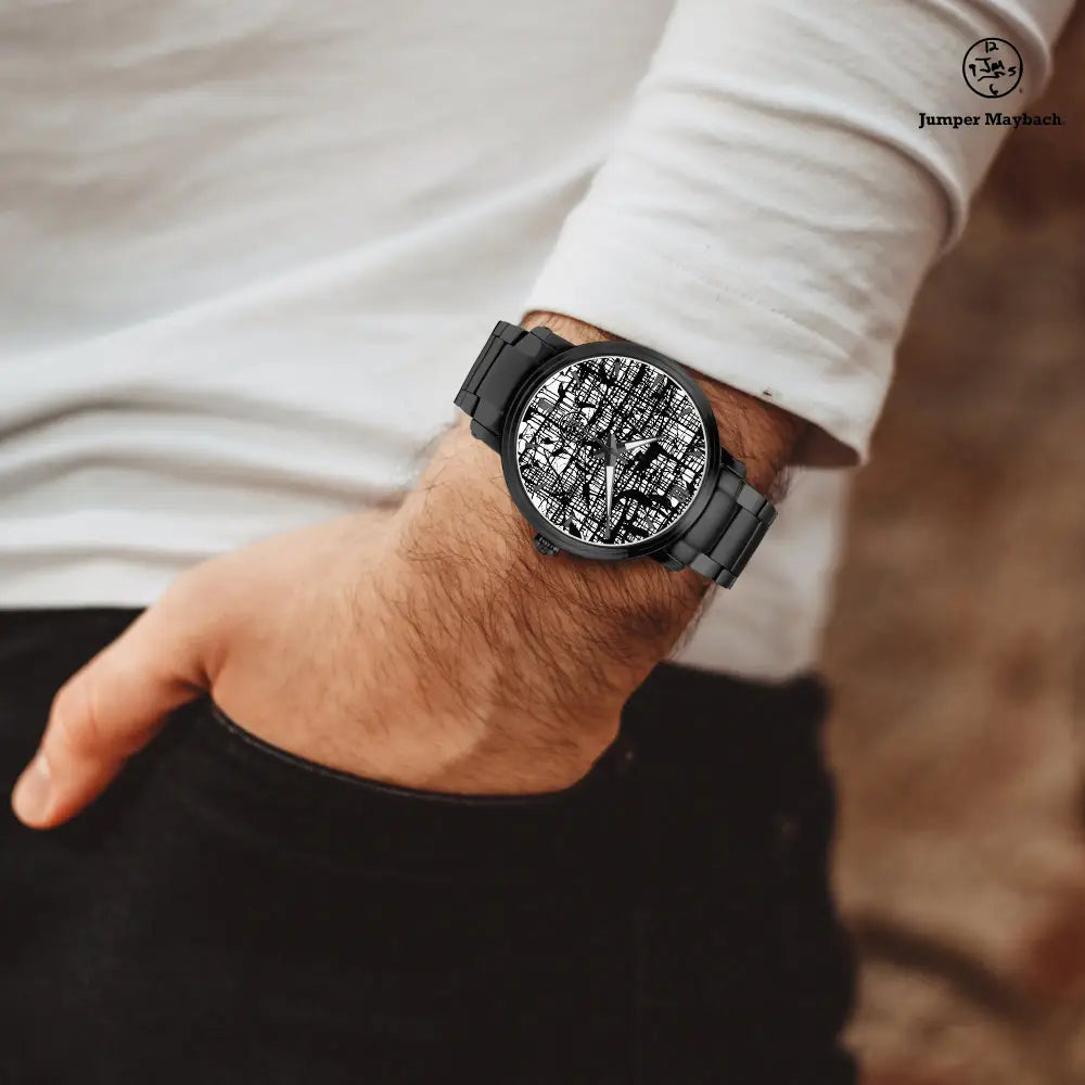 Dark Matrix Steel Strap Automatic Watch by Jumper Maybach with indicators, featuring a sleek steel band and detailed dial.