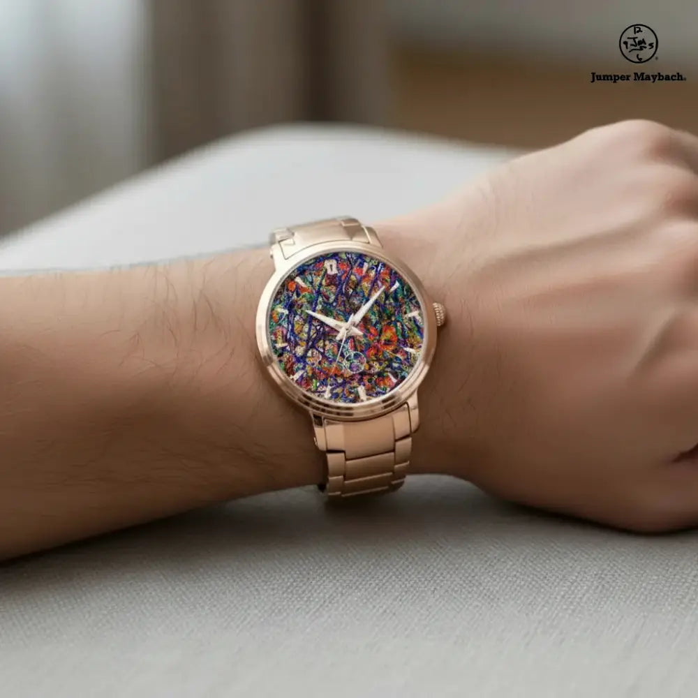 Close-up of JetPrint Fulfillment Deep Dimension Steel Strap Automatic Watch with indicators on a wrist.