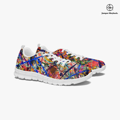 Deep Dimensions athletic sneakers by Jumper Maybach, featuring a sleek design in black with white accents, suitable for men and women.