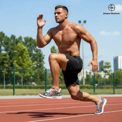 Deep Dimensions athletic sneakers by Jumper Maybach, shown in a sleek black design with white accents, suitable for men and women.